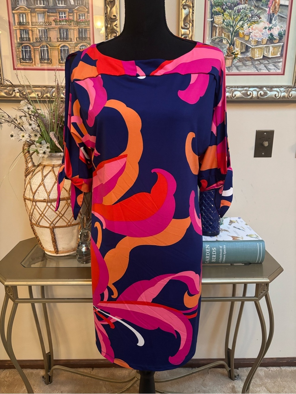 Trina Turk Navy Multicolor Wave-Print 3/4 Sleeve Shift Style Dress Size M
